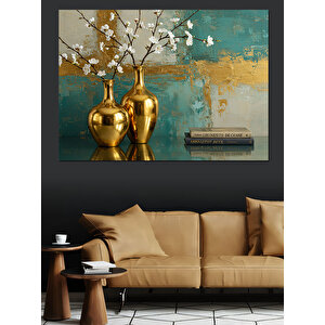 Altın Vazoda Beyaz Çiçekler Dekoratif Kanvas - Mdf Ahşap Tablo 70x100 cm