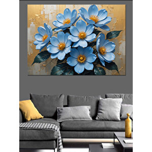 Mavi Çiçekli Duvar Deseni Dekoratif Kanvas - Mdf Ahşap Tablo 70x100 cm