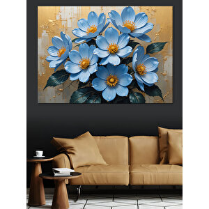 Mavi Çiçekli Duvar Deseni Dekoratif Kanvas - Mdf Ahşap Tablo 70x100 cm