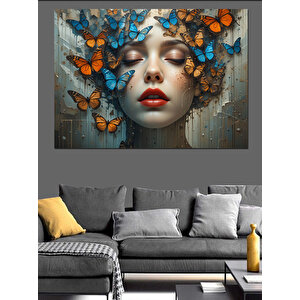 Mavilikte Yüzlü Kelebek Kadın Dekoratif Kanvas - Mdf Ahşap Tablo 70x100 cm