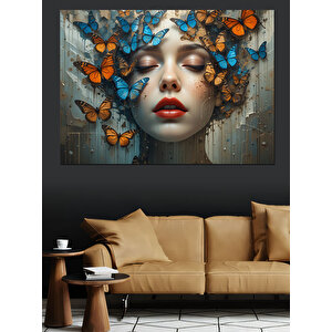 Mavilikte Yüzlü Kelebek Kadın Dekoratif Kanvas - Mdf Ahşap Tablo 70x100 cm