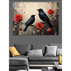 Kargalar Ve Kırmızı Çiçekler Dekoratif Kanvas - Mdf Ahşap Tablo 70x100 cm