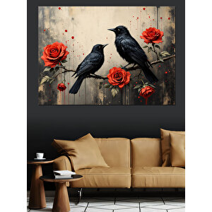 Kargalar Ve Kırmızı Çiçekler Dekoratif Kanvas - Mdf Ahşap Tablo 70x100 cm