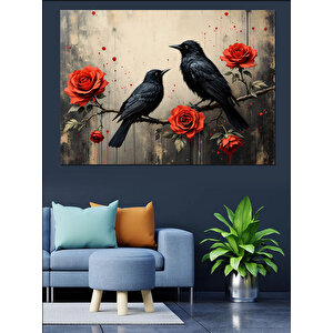 Kargalar Ve Kırmızı Çiçekler Dekoratif Kanvas - Mdf Ahşap Tablo 70x100 cm