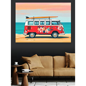 Çiçek Desenli Retro Vosvos Minibüs Dekoratif Kanvas - Mdf Ahşap Tablo 70x100 cm