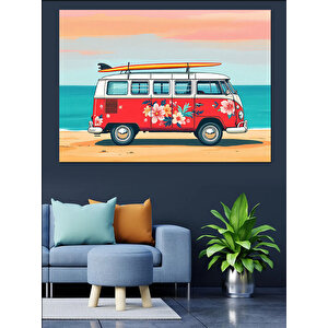 Çiçek Desenli Retro Vosvos Minibüs Dekoratif Kanvas - Mdf Ahşap Tablo 70x100 cm
