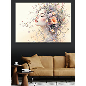 Çiçekli Masum Kadın Portresi Dekoratif Kanvas - Mdf Ahşap Tablo 35x50 cm