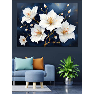 Mavi Beyaz Manolya Çiçekleri Dekoratif Kanvas - Mdf Ahşap Tablo 100x140 cm