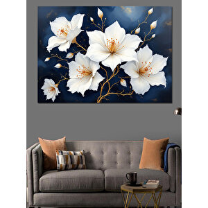 Mavi Beyaz Manolya Çiçekleri Dekoratif Kanvas - Mdf Ahşap Tablo 100x140 cm