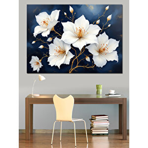 Mavi Beyaz Manolya Çiçekleri Dekoratif Kanvas - Mdf Ahşap Tablo 100x140 cm