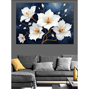 Mavi Beyaz Manolya Çiçekleri Dekoratif Kanvas - Mdf Ahşap Tablo