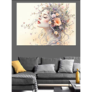 Çiçekli Masum Kadın Portresi Dekoratif Kanvas - Mdf Ahşap Tablo 100x140 cm