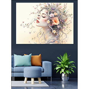 Çiçekli Masum Kadın Portresi Dekoratif Kanvas - Mdf Ahşap Tablo 100x140 cm