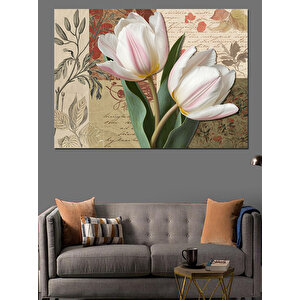 Beyaz Laleler Ve Çiçek Deseni Dekoratif Kanvas - Mdf Ahşap Tablo 100x140 cm