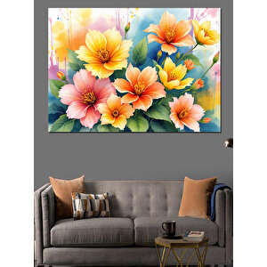 Pastel Renkli Çiçekler Dekoratif Kanvas - Mdf Ahşap Tablo 70x100 cm