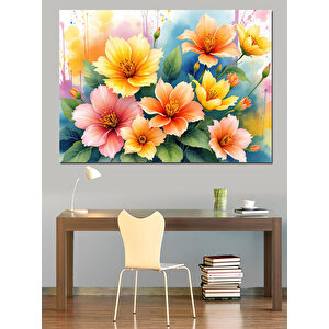Pastel Renkli Çiçekler Dekoratif Kanvas - Mdf Ahşap Tablo 70x100 cm