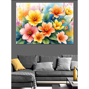 Pastel Renkli Çiçekler Dekoratif Kanvas - Mdf Ahşap Tablo 70x100 cm