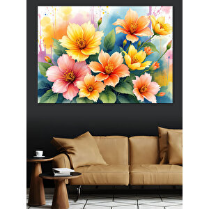 Pastel Renkli Çiçekler Dekoratif Kanvas - Mdf Ahşap Tablo