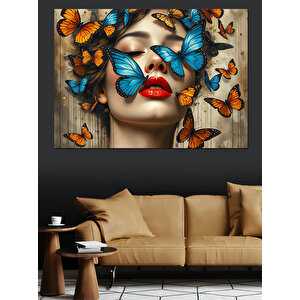 Yüzünde Kelebekli Rüyalar Dekoratif Kanvas - Mdf Ahşap Tablo 50x70 cm