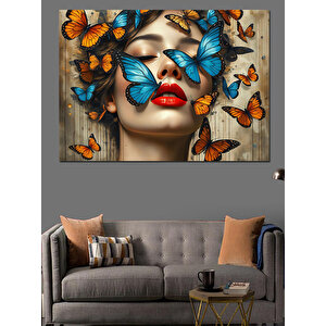 Yüzünde Kelebekli Rüyalar Dekoratif Kanvas - Mdf Ahşap Tablo 50x70 cm