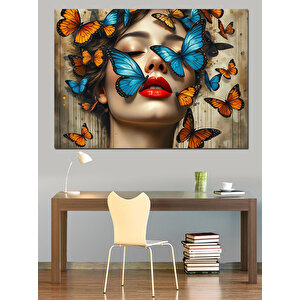 Yüzünde Kelebekli Rüyalar Dekoratif Kanvas - Mdf Ahşap Tablo