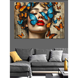 Yüzünde Kelebekli Rüyalar Dekoratif Kanvas - Mdf Ahşap Tablo