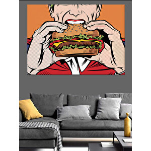 Çizgi Tarzı Hamburger Yiyen Adam Dekoratif Kanvas - Mdf Ahşap Tablo 100x140 cm
