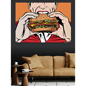 Çizgi Tarzı Hamburger Yiyen Adam Dekoratif Kanvas - Mdf Ahşap Tablo 100x140 cm