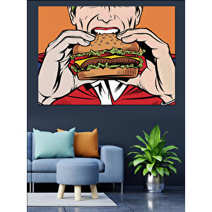 Çizgi Tarzı Hamburger Yiyen Adam Dekoratif Kanvas - Mdf Ahşap Tablo 100x140 cm