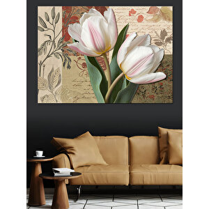 Beyaz Laleler Ve Çiçek Deseni Dekoratif Kanvas - Mdf Ahşap Tablo 70x100 cm