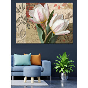 Beyaz Laleler Ve Çiçek Deseni Dekoratif Kanvas - Mdf Ahşap Tablo 70x100 cm