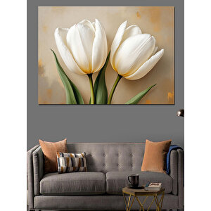 Beyaz Lale Çiçekleri Dekoratif Kanvas - Mdf Ahşap Tablo 35x50 cm