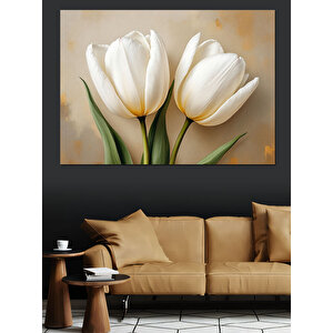 Beyaz Lale Çiçekleri Dekoratif Kanvas - Mdf Ahşap Tablo 100x140 cm