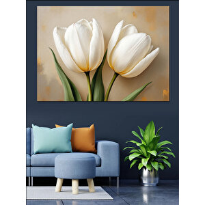 Beyaz Lale Çiçekleri Dekoratif Kanvas - Mdf Ahşap Tablo 100x140 cm