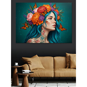 Çiçek Taçlı Mavi Saçlı Kadın Dekoratif Kanvas - Mdf Ahşap Tablo 35x50 cm