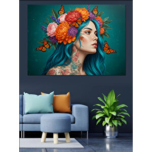 Çiçek Taçlı Mavi Saçlı Kadın Dekoratif Kanvas - Mdf Ahşap Tablo 35x50 cm