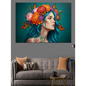 Çiçek Taçlı Mavi Saçlı Kadın Dekoratif Kanvas - Mdf Ahşap Tablo 35x50 cm