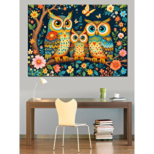 Çiçekler Arasında Baykuşlar Dekoratif Kanvas - Mdf Ahşap Tablo 35x50 cm