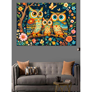 Çiçekler Arasında Baykuşlar Dekoratif Kanvas - Mdf Ahşap Tablo 50x70 cm