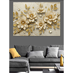 Altın Detaylı Beyaz Çiçekler Dekoratif Kanvas - Mdf Ahşap Tablo 35x50 cm