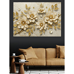 Altın Detaylı Beyaz Çiçekler Dekoratif Kanvas - Mdf Ahşap Tablo 35x50 cm
