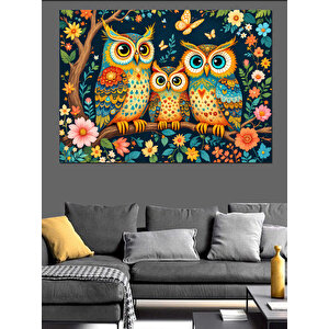 Çiçekler Arasında Baykuşlar Dekoratif Kanvas - Mdf Ahşap Tablo 70x100 cm