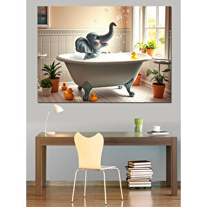 Küvette Oynayan  Fil Dekoratif Kanvas - Mdf Ahşap Tablo 70x100 cm