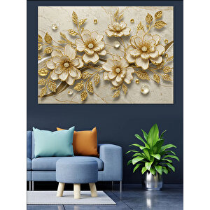 Altın Detaylı Beyaz Çiçekler Dekoratif Kanvas - Mdf Ahşap Tablo 50x70 cm