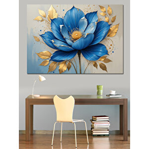 Altın Yapraklı Mavi Çiçek Dekoratif Kanvas - Mdf Ahşap Tablo 100x140 cm