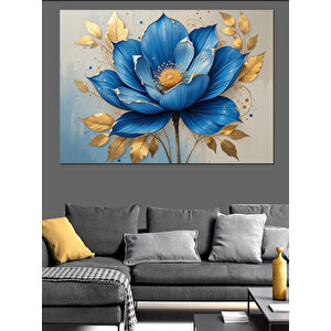 Altın Yapraklı Mavi Çiçek Dekoratif Kanvas - Mdf Ahşap Tablo 100x140 cm