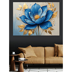 Altın Yapraklı Mavi Çiçek Dekoratif Kanvas - Mdf Ahşap Tablo 100x140 cm