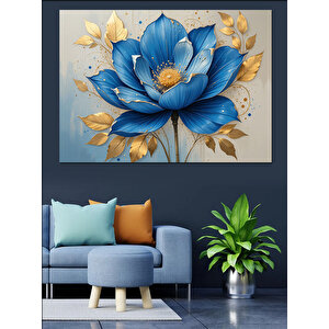 Altın Yapraklı Mavi Çiçek Dekoratif Kanvas - Mdf Ahşap Tablo