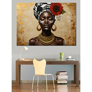Çiçekli Afrikalı Kadın Dekoratif Kanvas - Mdf Ahşap Tablo 70x100 cm