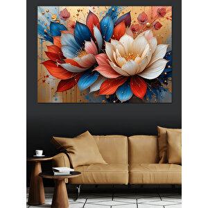 Kırmızı Mavi Lotus Çiçekleri Dekoratif Kanvas - Mdf Ahşap Tablo 70x100 cm